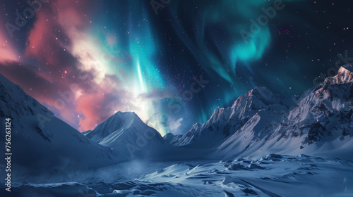 Northern lights over a snow-covered mountain range at night