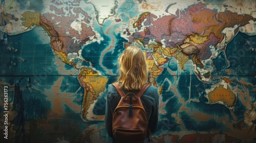 woman looking at world map