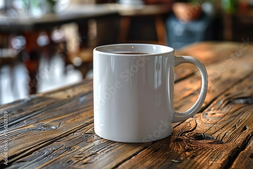 White blank coffee mug mock set-up, outside on a little wooden table. Perfect for businesses selling mugs, just overlay your quote or design on to the image. Copyspace