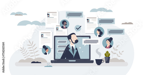 Remote hiring and online job interview with CV research tiny person concept. Human resources work with distant meetings for new employee and personnel vector illustration. Vacancy search strategy.
