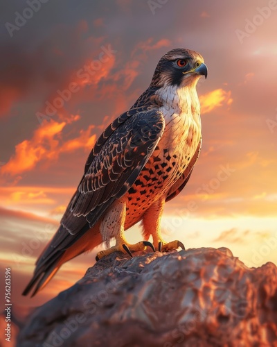 An illustration of a beautiful falcon set against a vibrant orange and colorful background