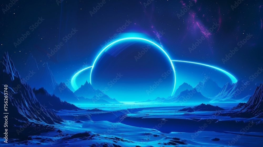 Blue arc space background with space planets, styled as futuristic landscapes