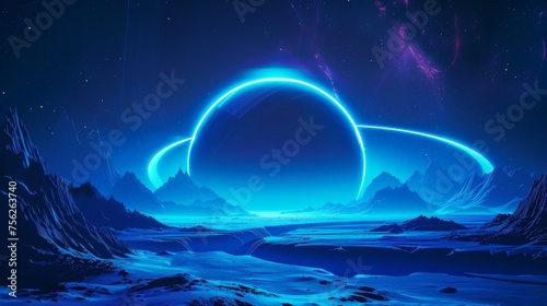 Blue arc space background with space planets, styled as futuristic landscapes