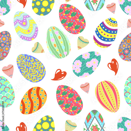 Seamless pattern with Happy Easter holiday traditional symbols - colorful eggs and hearts decorated in flat lay style against white background