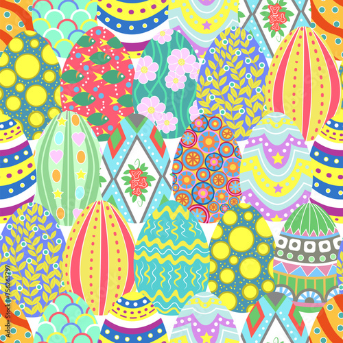 Seamless pattern with Happy Easter holiday traditional symbol - colorful eggs decorated in flat lay style 