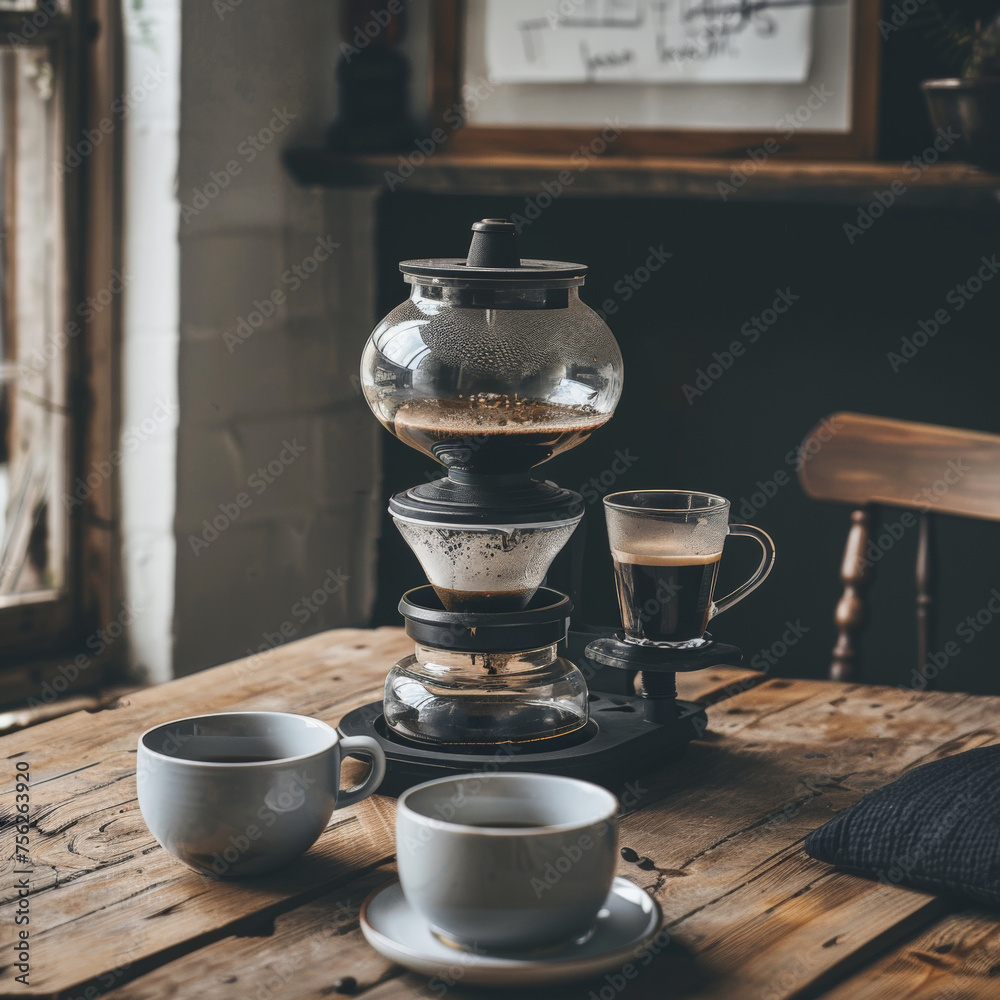 A drip coffee maker on a wooden table A drip coffee maker on a wooden table