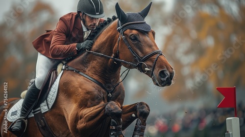 Skilled Equestrian Rider Jumping Horse Over Obstacle