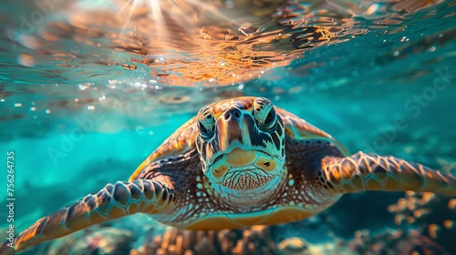 a realistic turtle in turquoise water, underwater shot, sun rays filtering through the water photo