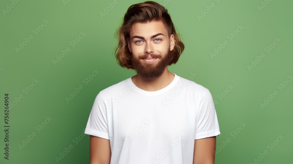 Young girl with beard in white t-shirt on green background. Mockup of t-shirt. Young girl with beard in white t-shirt on green background. Mockup of t-shirt.