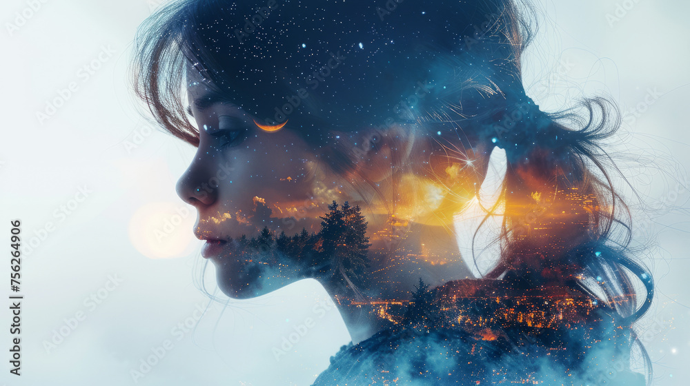 A double exposure image that blends the silhouette of a young girl with the starry night sky .
