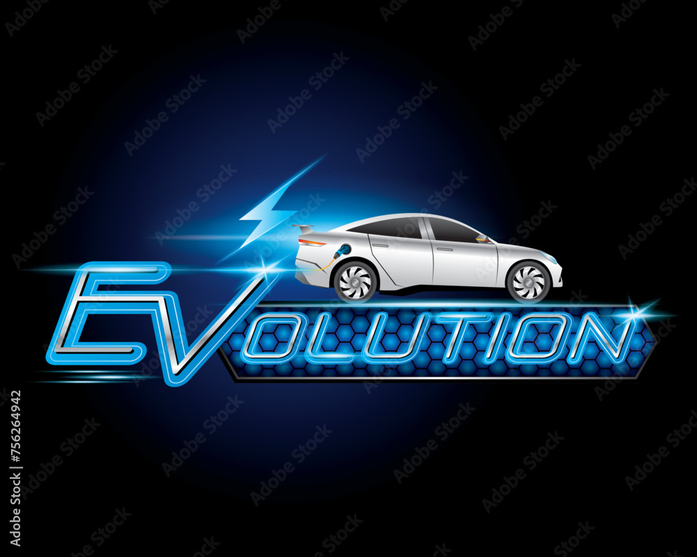Design logo concept EV Evolution with Power cable pump plug in charging power to electric vehicle EV car.