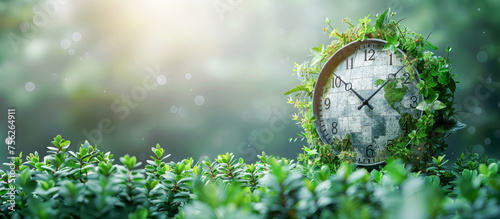Clock in greenery, time for nature, environmental urgency, Earth day concept.