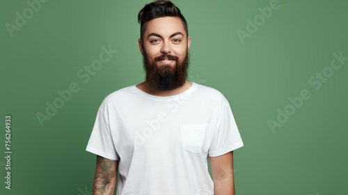 Young man with beard in white t-shirt on green background. Mockup of t-shirt.