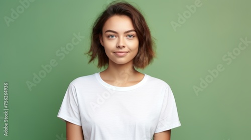 Young girl in white t-shirt on green background. Mockup of t-shirt. photo