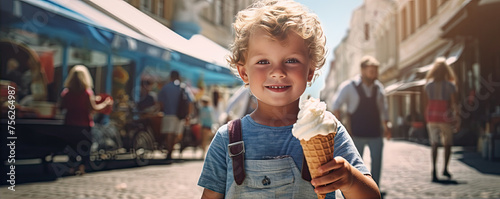 Kid eating ice cream in cone detail.