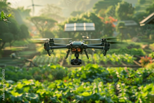 Farming with drone. agriculture and harvest technology innovation. Generative AI