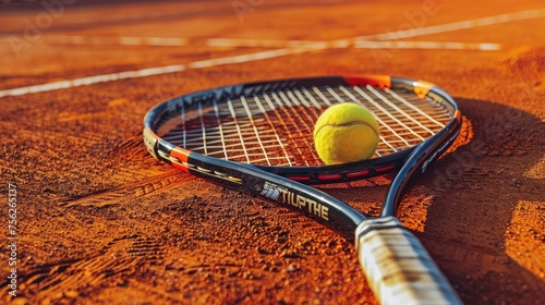 A tennis racket and a tennis ball are on a court © xartproduction