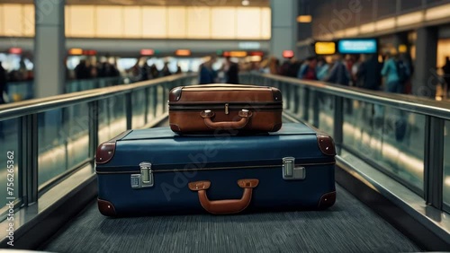Suitcases on airport conveyor belt, concept vacation trip on vacation tourism and travel photo
