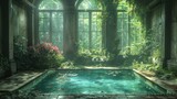 Sunlight filters through an abandoned greenhouse with overgrown plants and a serene pond, evoking a mystical, tranquil atmosphere.