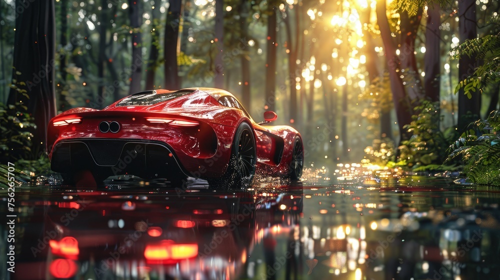 Red sports car driving on a wet forest road with sunlight piercing through the trees. - obrazy, fototapety, plakaty 
