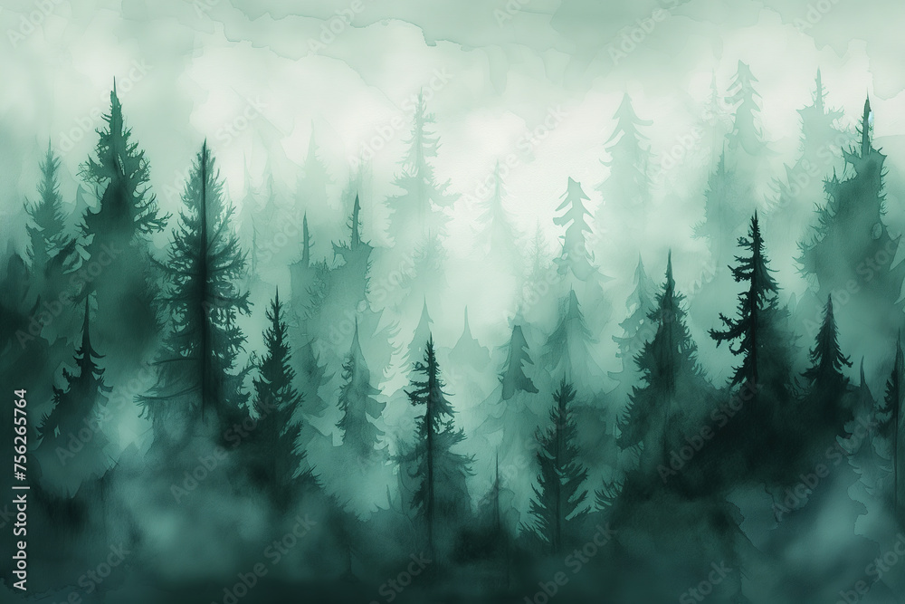 Foggy landscape, atmospheric watercolor illustration
