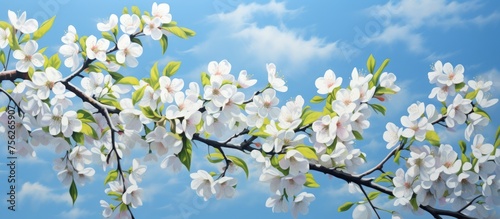 Branch of blooming apple tree against a blue sky. © Vusal