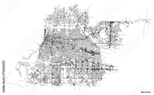 Memphis city map with roads and streets, United States. Vector outline illustration.