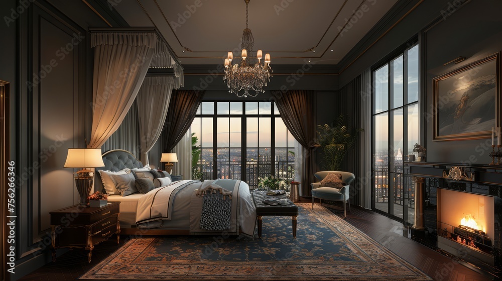 A romantic and luxurious master bedroom with a canopy bed, a chandelier, a fireplace, and a balcony with a view of the city.