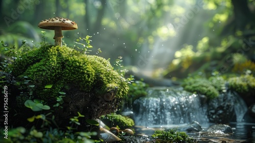 Enchanted forest scene with a single mushroom on a mossy bank by a small waterfall, sunbeams filtering through the trees.