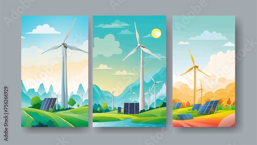 Sustainability illustration set. ESG, green energy, sustainable industry with windmills and solar energy panels. Environmental, Social, and Corporate Governance concept. Vector illustration.