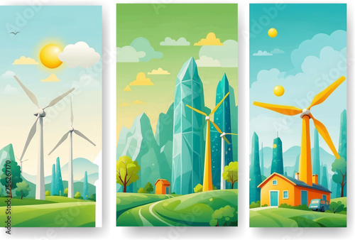 Sustainability illustration set. ESG, green energy, sustainable industry with windmills and solar energy panels. Environmental, Social, and Corporate Governance concept. Vector illustration.