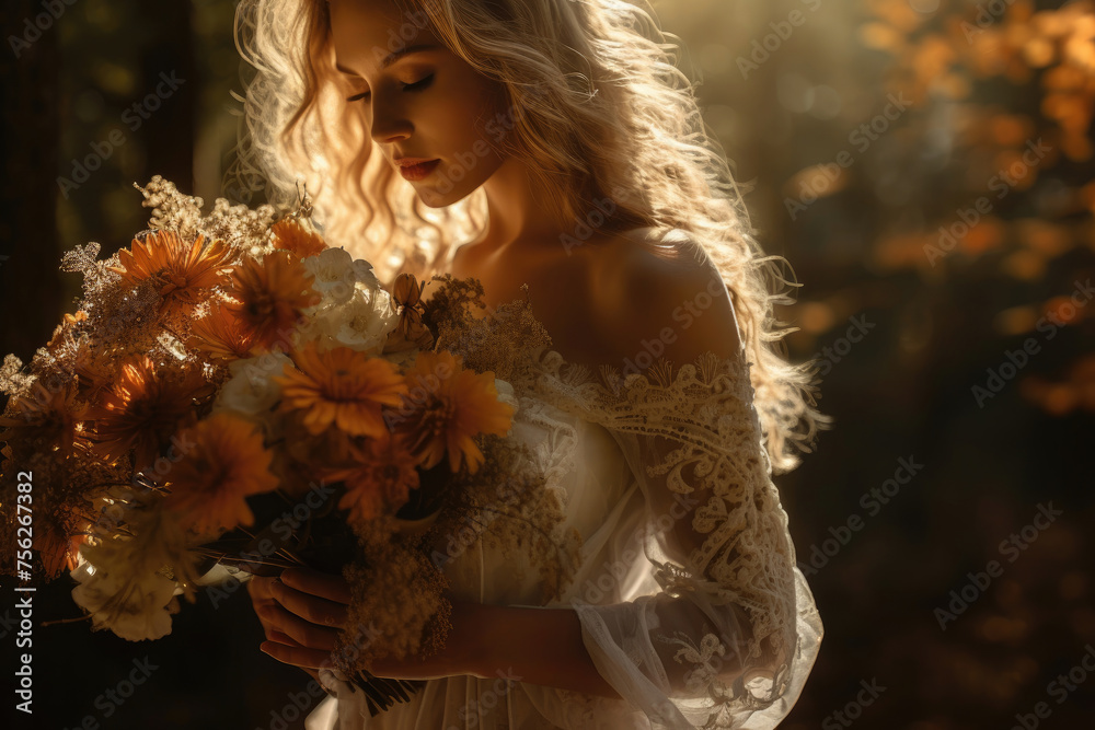Fototapeta premium Bride holding a beautiful autumnal wedding bouquet in a forest setting