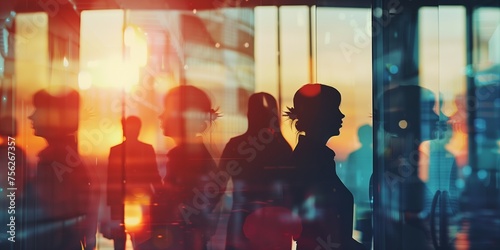 A group of people are silhouetted against a colorful sky