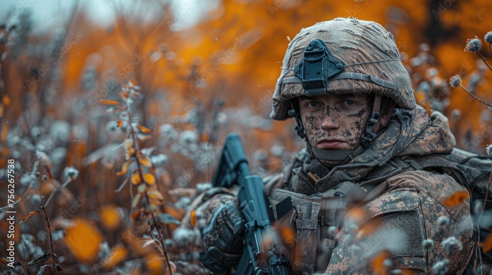 Portrait of a soldier in camouflage with tactical gear in an autumn forest.
