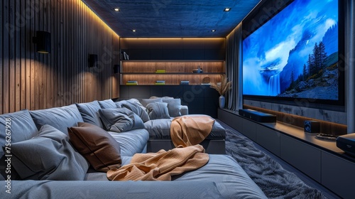 A sleek home theater with a projector  a sofa  and a popcorn machine.