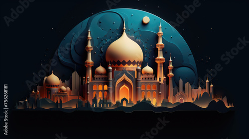 Islamic architecture and ornamental design in a golden illustration.