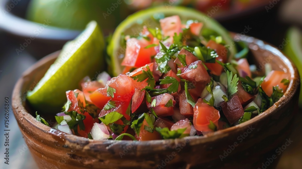 Fresh salsa in rustic bowl with vibrant colors. Culinary arts and food concept for design and print Fresh salsa in rustic bowl with vibrant colors. Culinary arts and food concept for design and print