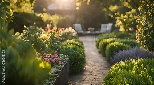 Landscaping panorama of home garden. Beautiful landscape design with plants, flowers and stone.
