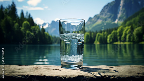 Crystal clear water in a glass glass against the backdrop of beautiful mountains and a lake