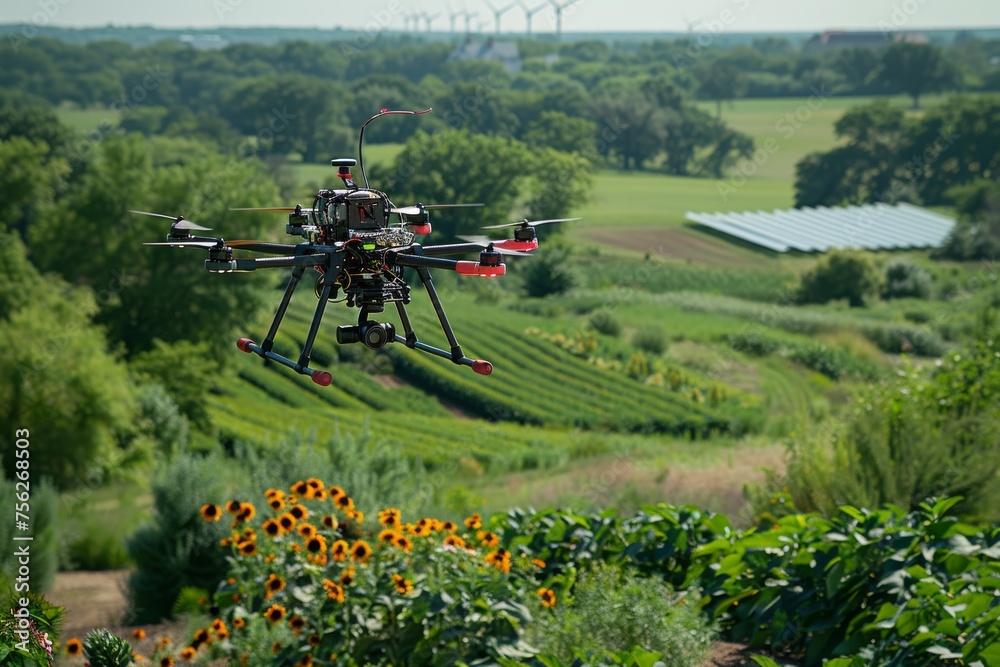 Farming with drone. agriculture and harvest technology innovation. Generative AI Farming with drone. agriculture and harvest technology innovation. Generative AI