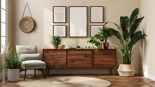 Multi opening Collage shape mockup photo frame wooden border, on dresser in modern living room, 3d render