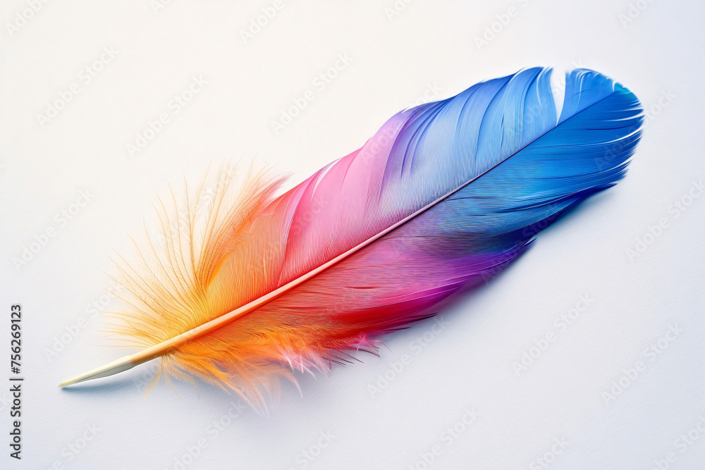 Multicolored feather with a fluffy base on a pristine white background Multicolored feather with a fluffy base on a pristine white background