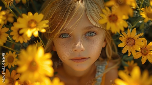 Portrait of a young girl surrounded by yellow daisy flowers.