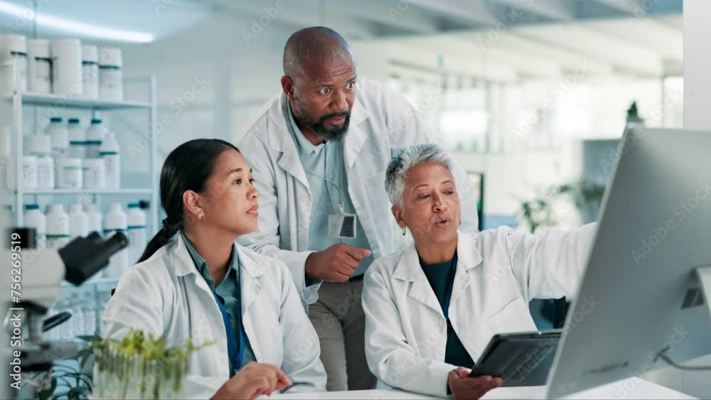 Scientist, tablet and teamwork in laboratory for collaboration and discussion on development of medical innovation. Biotechnology, science and computer for online research and plants sustainability