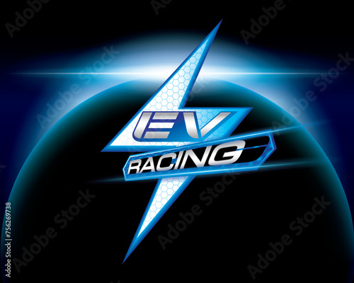 Design logo concept Racing with Power cable pump plug in charging power to electric vehicle EV car.