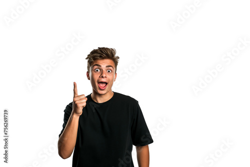 Photorealistic, a young man with an expression of extreme surprise and delight, points his finger up, transparent background