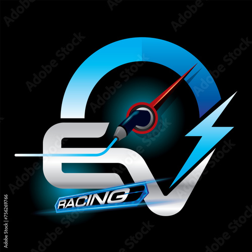 Design logo concept Racing with Power cable pump plug in charging power to electric vehicle EV car.