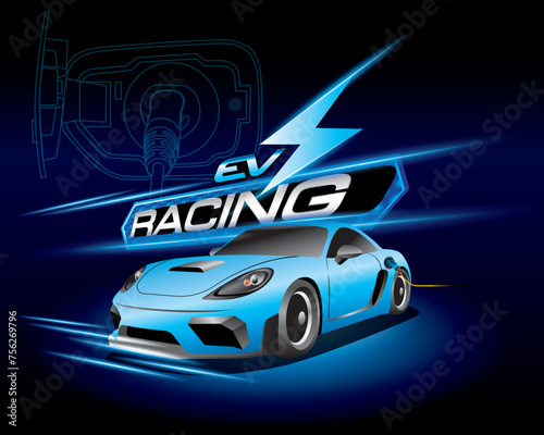 Design logo concept Racing with Power cable pump plug in charging power to electric vehicle EV car.