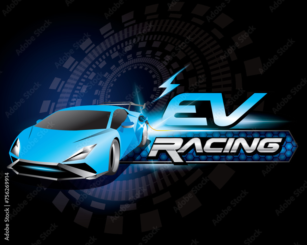 Obraz premium Design logo concept Racing with Power cable pump plug in charging power to electric vehicle EV car.