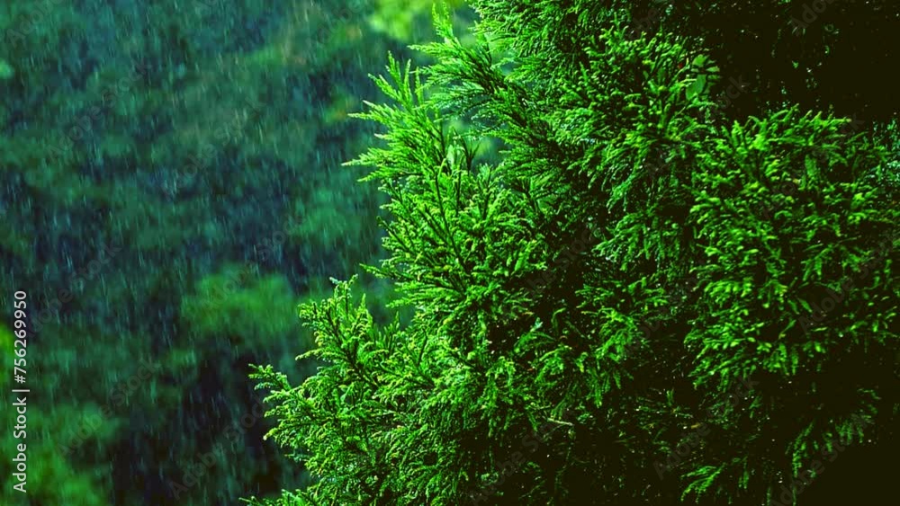 Rain Falling background. Raining shower in the dense forest, close-up of rainfall in jungle, water droplets fixed on green leaves, Raining day in tropical forest. rain drop on leaf tree.Heavy Rain Fal Rain Falling background. Raining shower in the dense forest, close-up of rainfall in jungle, water droplets fixed on green leaves, Raining day in tropical forest. rain drop on leaf tree.Heavy Rain Fal